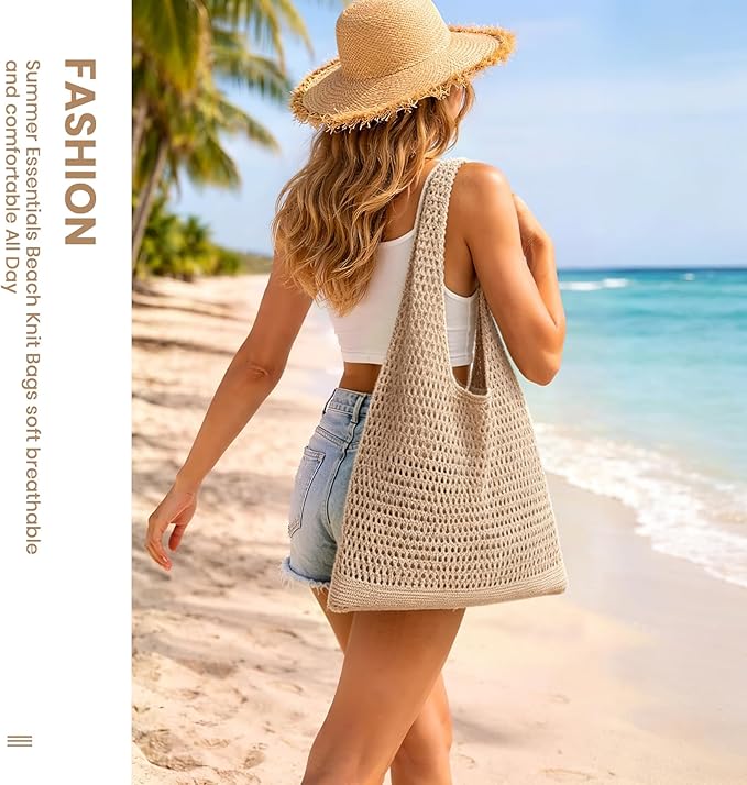 SUOSDEY Crochet Mesh Beach Tote Bag, Knit Summer Vacation Aesthetic Boho Tote Bag for Women
