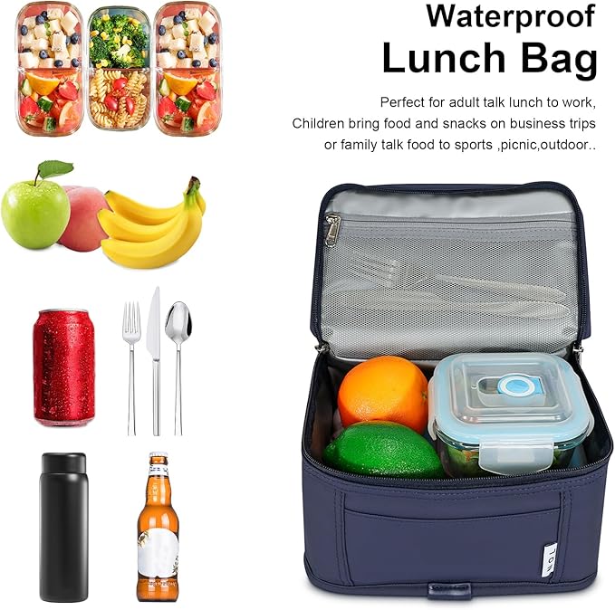 NOL Mini Insulated Lunch Bag for Women Men Kids | Small Leakproof Reusable Lunch Tote | Fits 6 Cans 330ml | Thermal Cooler for Work School Picnic Camping, Navy blue