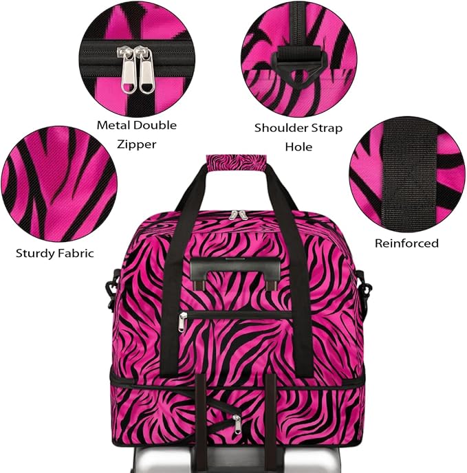 Pink Zebra Print Sports Duffel Bag Lightweight Gym Bag with Shoe Compartment Waterproof Travel Weekender Bag for Women and Men