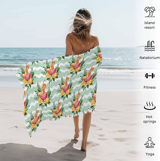 Summer Lemon Watermelon Beach Towel 35" x 71" Tropical Plants Quick Dry Sand Free Pool Towels Green Waves Stripes Soft & Absorbent Compact Towels Beach Accessories for Travel Bathroom Swimming Pool