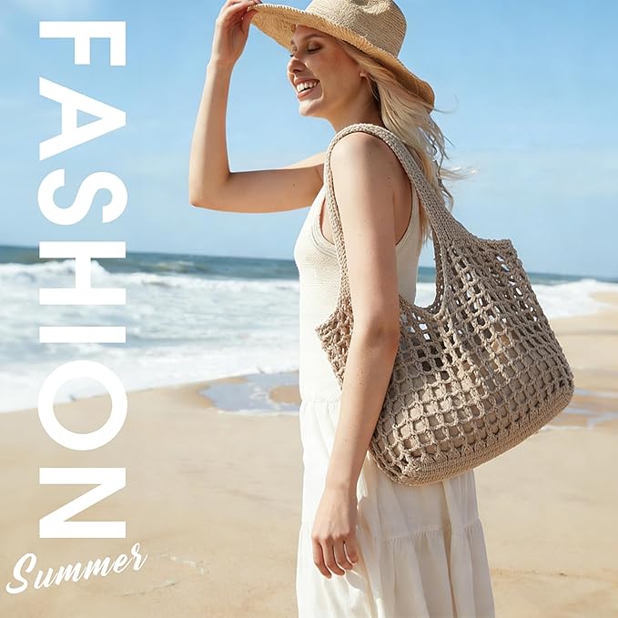 SUOSDEY Crochet Mesh Beach Tote Bag, Knit Summer Vacation Aesthetic Boho Tote Bag for Women