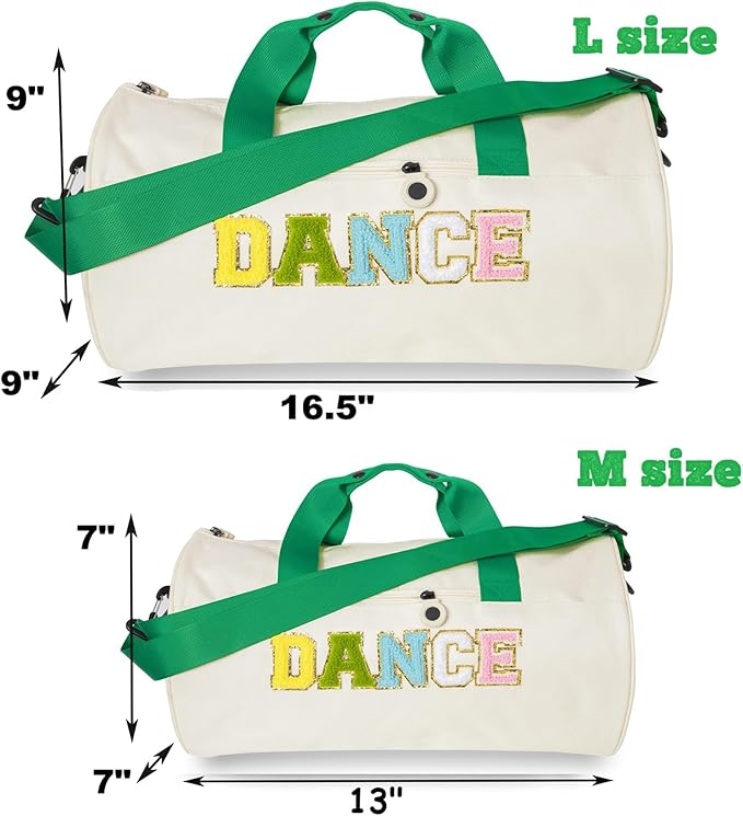 Dance Duffle Bag for Girls,Toddler Teens with Chenille Patches,Cute Ballet, Cheer, Gymnastics Class Bag for Kids, Toddler Girls,Teens,16.5"Lx9"Wx9"H Large Capacity Overnight Travel Bag (Green&Cream)