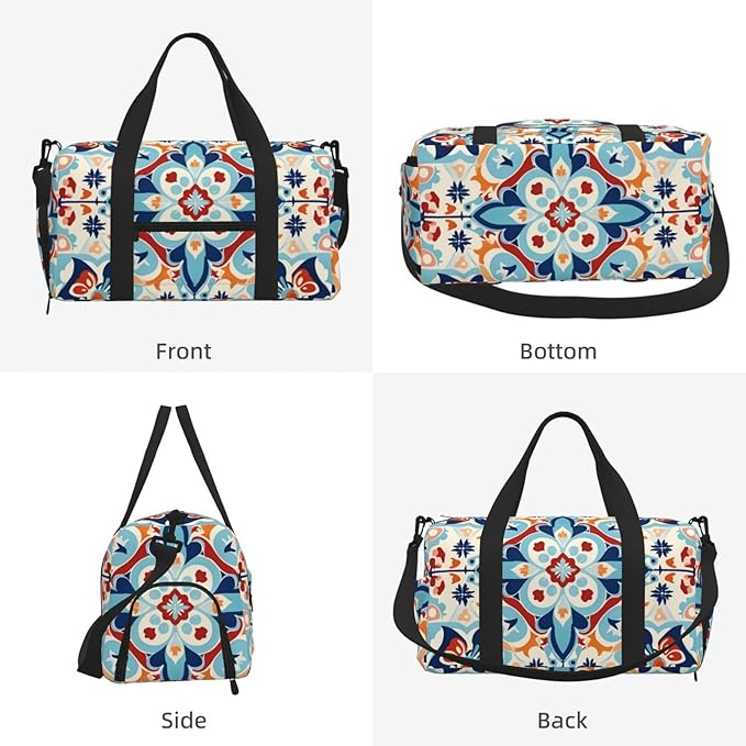 Sports Gym Bag Ethnic Ceramic Tile Mandala Patchwork Travel Duffel Bag With Shoe Compartment Shoulder Strap, Lightweight Water-Resistant Weekend Overnight Totes For Women Men