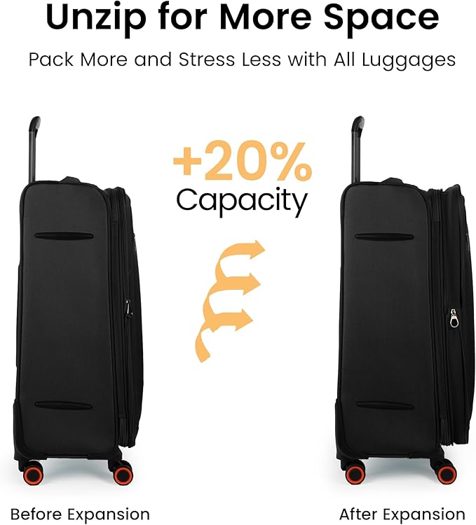 28 inch Luggage with Spinner Wheels,Large Softside Expandable 20% Checked Luggage w/TSA LOCK,Lightweight Durable Rolling Luggage for Men/Women（Black,28in）