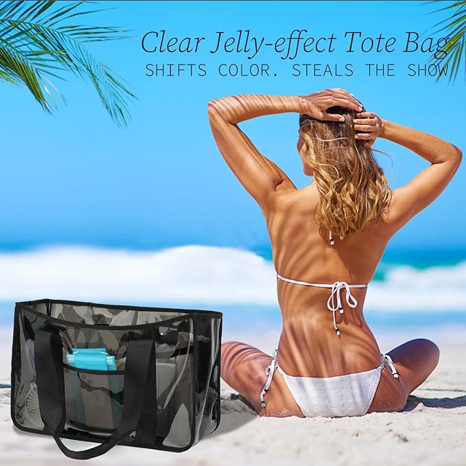 Iridescent Clear Beach Bag for Women, Large Pool Tote Cruise Vacation Essentials - Waterproof, Zipper Closure