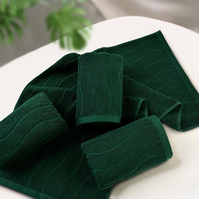 Jacquotha 4-Piece Hand Towels Set in Forest Green, Wavy Striped Jacquard Towels for Bathroom Kitchen Gifts (13x29 Inches, 100% Cotton)