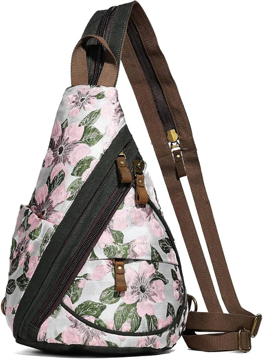 KL928 Canvas Sling Bag - Small Crossbody Backpack Shoulder Casual Daypack Rucksack for Men Women(Embroidery Pink)