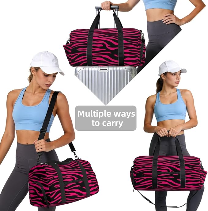 Pink Zebra Stripes Sports Gym Bag For Men Women Travel Duffel Bag With Shoe Compartment Water Resistant Gym Bag Carry On Duffel Bag For Yoga Gym Sports Weekend Traveling