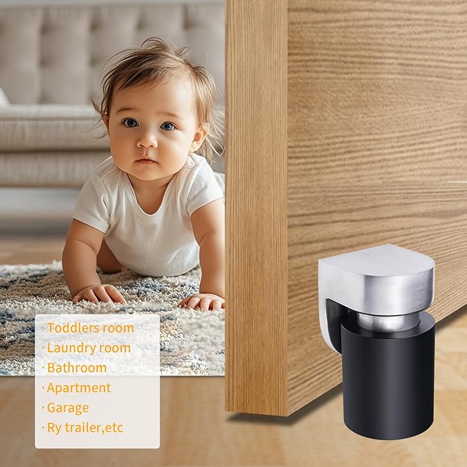 Door Stoppers – Robust Magnetic Door Stopper and Holder for Enhanced Door Security, Fit for Doors Under 2.5 inches – Anti-Rust Stainless Steel Door Stops (1, Silver Black 1PCS)