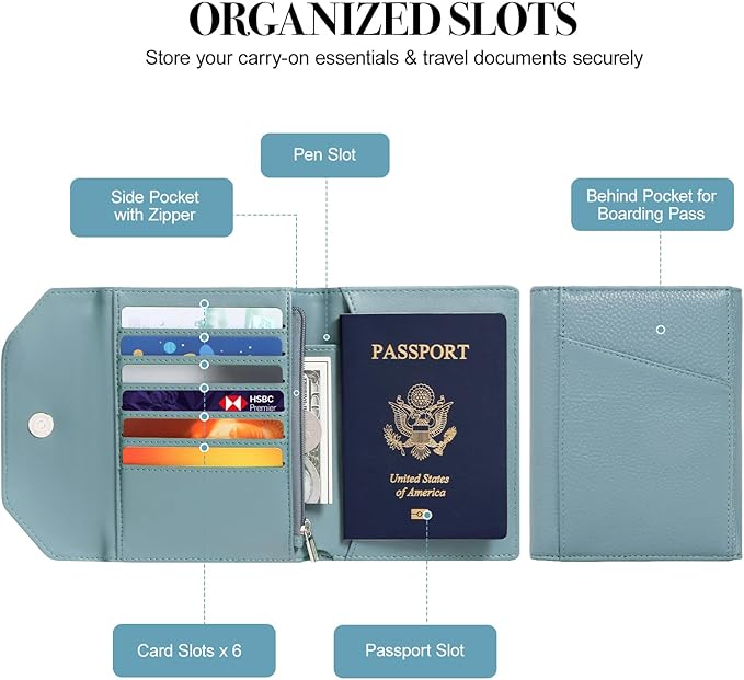 Leather Passport Holder for Travel,Rfid Passport Holder Protect Your Card Security,Passport Book Holder for Men Women,Travel Wallet with Cards & Pen Slot,Boarding Pass,Zipper Cash Pocket (Blue)