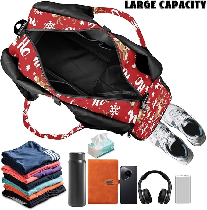 Christmas Reindeer Cute Gym Bag for Women with Yoga Mat Holder Sports Weekender Bags with Shoe Compartment Mini Duffel Bag for Travel Carry On Stylish Christmas Bag, Red