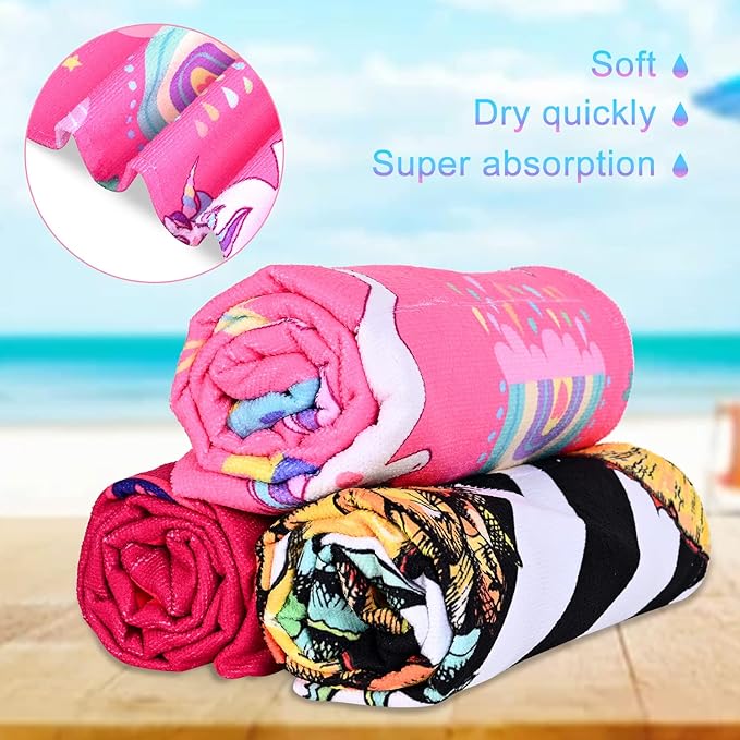 LIVILAN Pink Unicorn Rainbow Beach Towel, Perfect for Kids, Girls, Women, Soft Microfiber Bath, Pool, Swimming Towel, Thin, Quick Dry, Sand Free, Oversized 30" x 60", Cute Unicorn Gifts