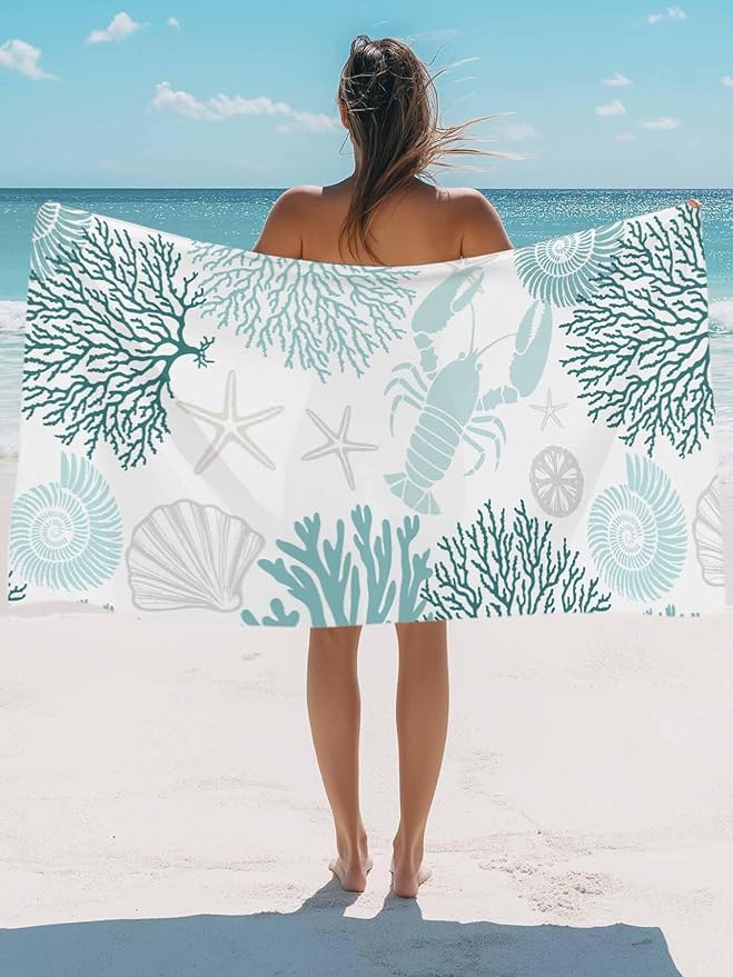 Ocean Microfiber Beach Towel, Teal Green Lobster Coral Starfish 31" x 63" Bath Towel Quick Dry Sand Free Travel Pool Towels for Beach Chair, Sun-Bath, Camping, Vacation