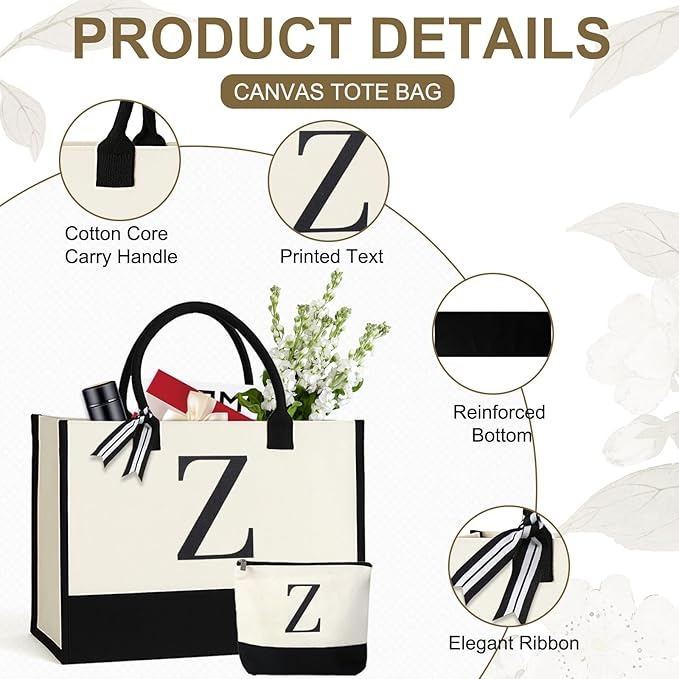 Personalized Canvas Tote Bag for Women Makeup Pouch Initial Beach Bag Removable Bottom Board for Travel Birthday