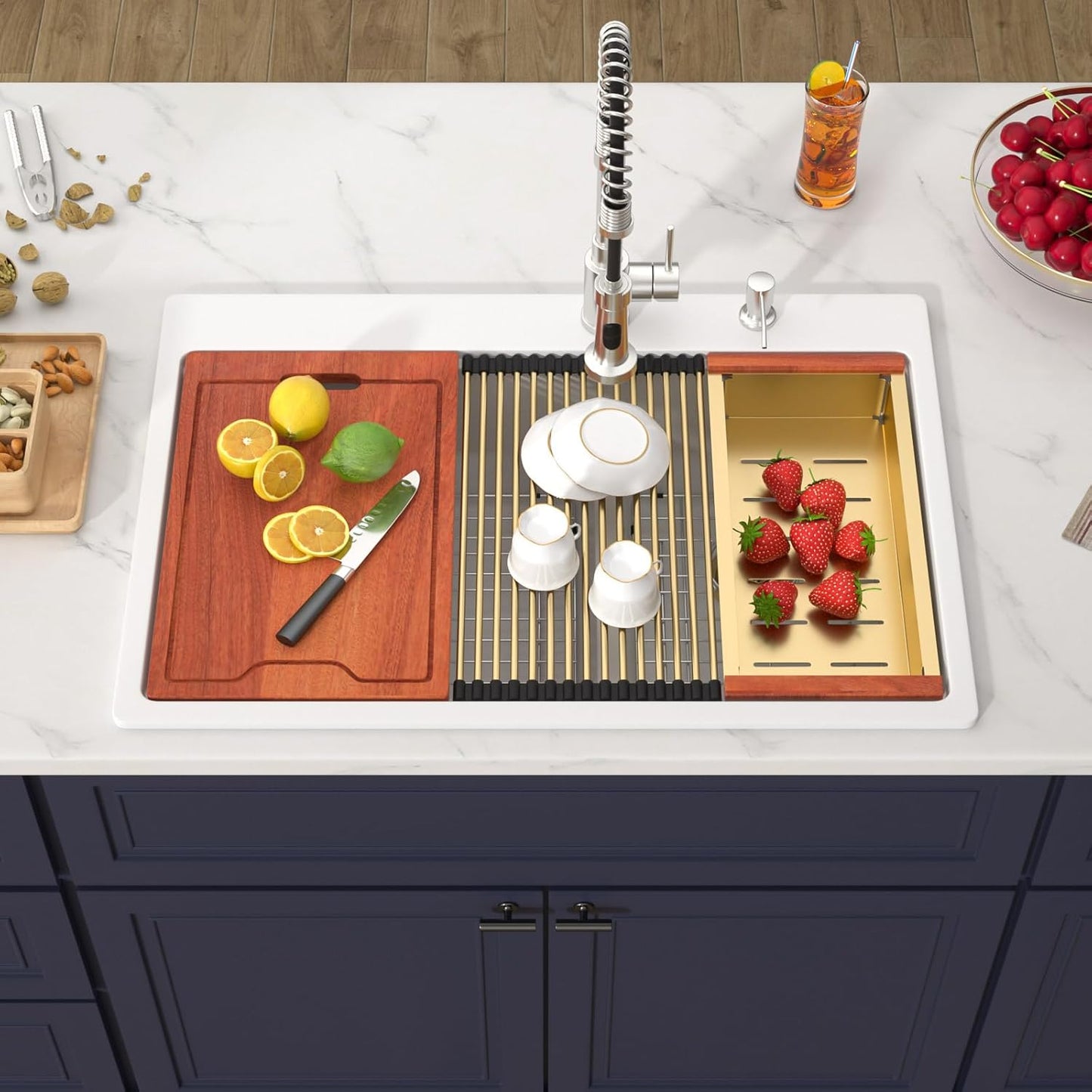 33 Inch Double Bowl White Kitchen Sinks 33x22 Granite Composite Dorp In 60/40 Basin with Luxury Accessories Quartz Workstation Sinks with Noise Reduction Durable and Hard Gold Accessoris Sink