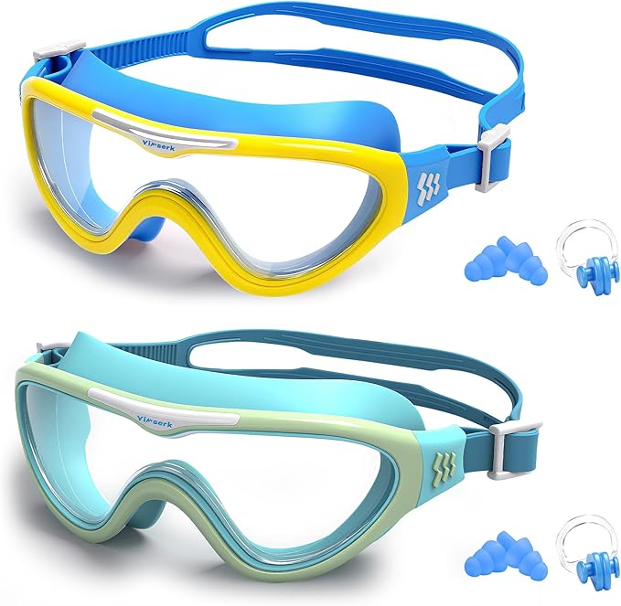 Kids Swim Goggles for Kids 6-14, Anti-Fog & UV400 Lens, Comfortable Silicone Design, Includes Nose Clip & Earplugs