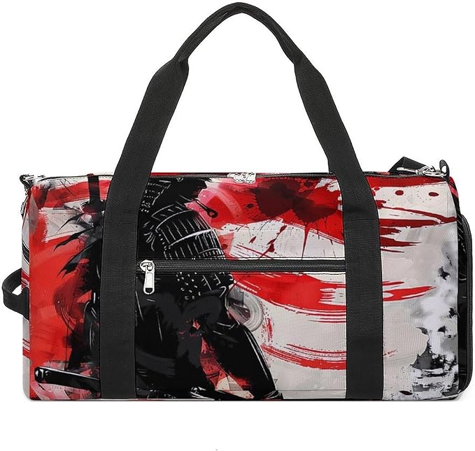 Japan Samurai Sport Gym Bag for Men Women Japanese Flag Travel Duffel Bag with Wet Pocket Shoes Compartment Carry on Pack for Workout Overnight Weekend Trip