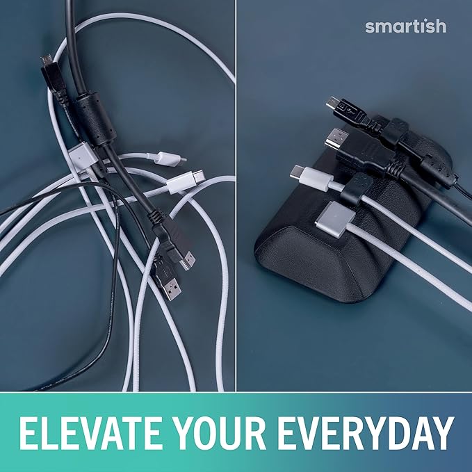 Smartish® Magnetic Cord Holder - Bigger Cable Wrangler Organizer with Magnet Clips for Charger Management on Desktop, Nightstand - Holds 6+ Cables - Black Tie Affair