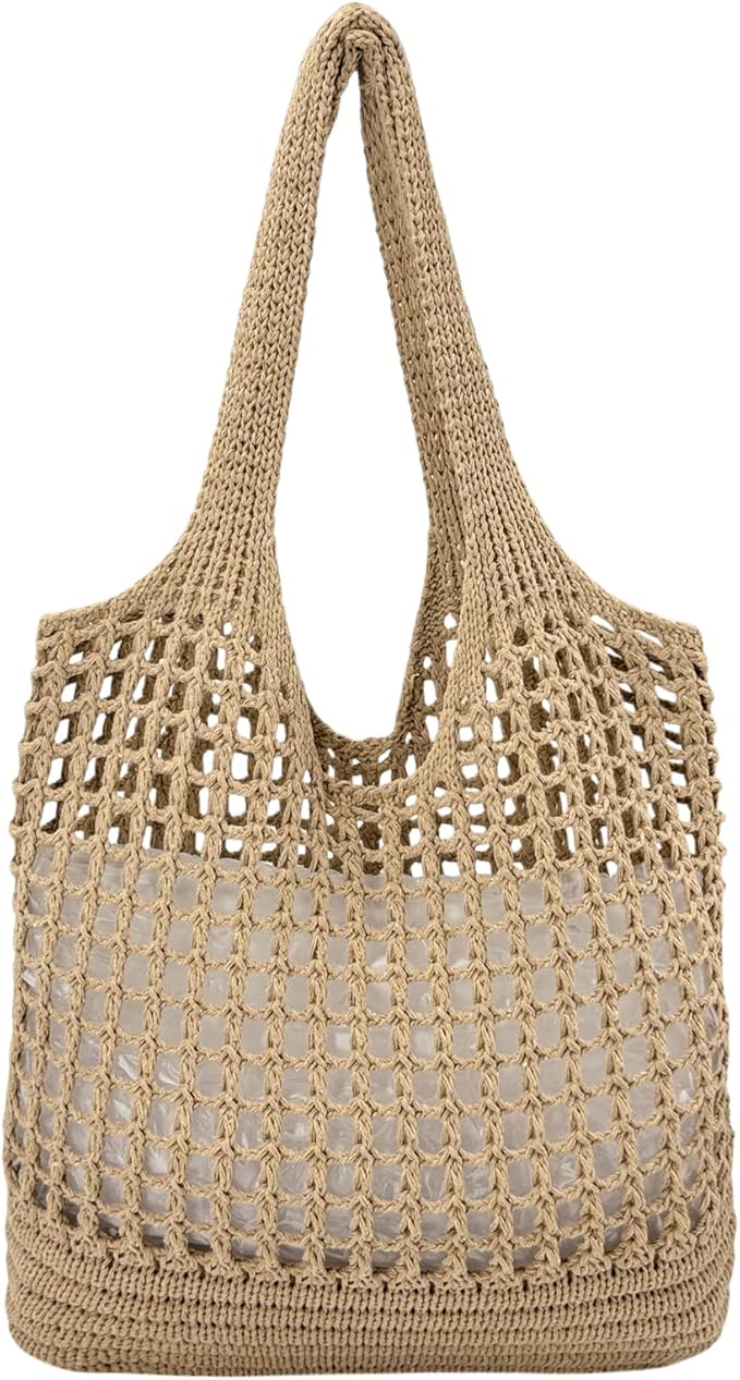 ENBEI Women Foldable Beach Tote, Washable Lightweight Beach Bag, Eco-Friendly Knit Shoulder Purse for Travel/Shopping/Gifts