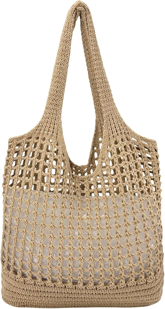ENBEI Women Foldable Beach Tote, Washable Lightweight Beach Bag, Eco-Friendly Knit Shoulder Purse for Travel/Shopping/Gifts