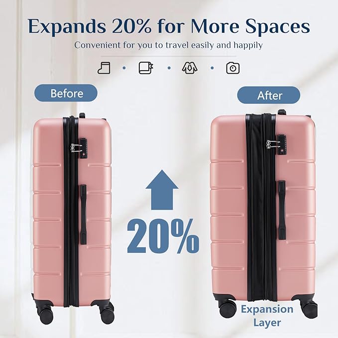 NEWBULIG Suitcases Spinner Wheels Lightweight Expandable Travel Hard Shell Luggage with TSA Lock, Pink, 3-PCS Set (20/24/28 Inch)