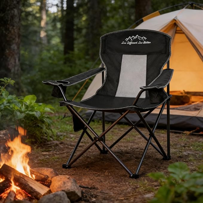 Collapsible Folding Camping Chairs Heavy Duty Lawn Foldable Chair with Cooler Bag, Storage Pocket, Waterproof Bag Outdoor Arm Sport Chair, Supports 325LBS, Black