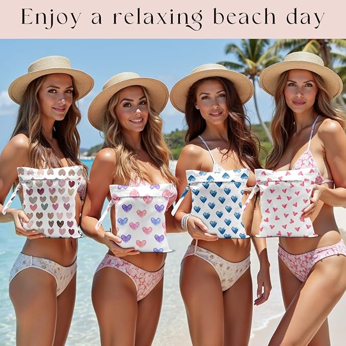 4 Pack Wet Bag for Swimsuit, Beach Travel Essentials Wet Dry Bag, for Sunscreen Toiletry Dirty Clothes Yoga Gym Diaper, Friend Summer Beach Vacation Gifts. Heart shape