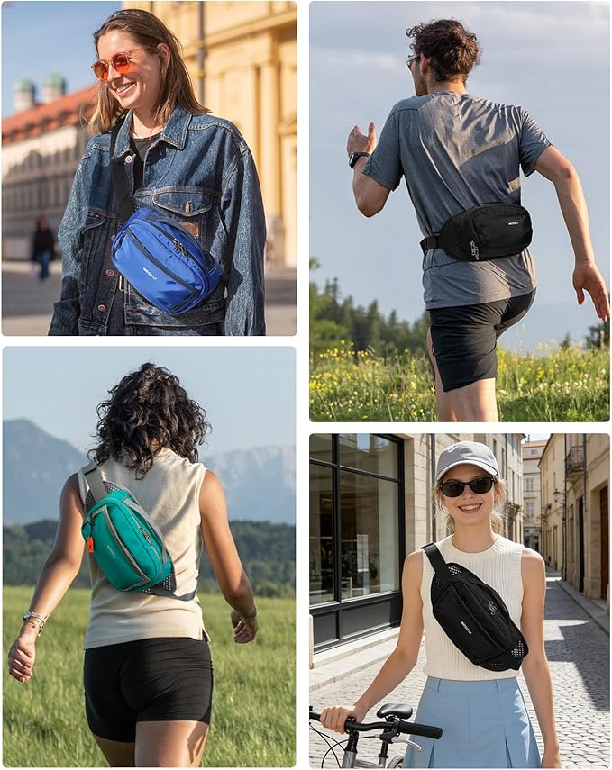 WATERFLY Fanny Pack Waist Bag: 2.3L RFID Blocking Anti-Theft Crossbody Bags with Bellows-Style Opening, Breathable Casual Hip Pack for Women Men Traveling Walking Hiking-Black