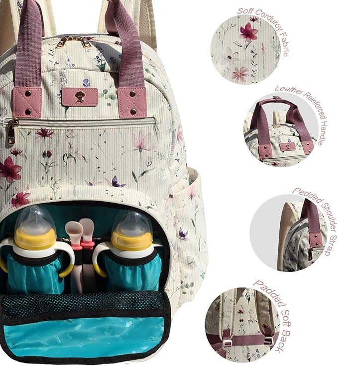 Diaper Bag Backpack, Large Capacity Multifunction Baby Essentials Fashion Travel Pack Linen Canvas office Laptop Bag (Corduroy Purple Flower)