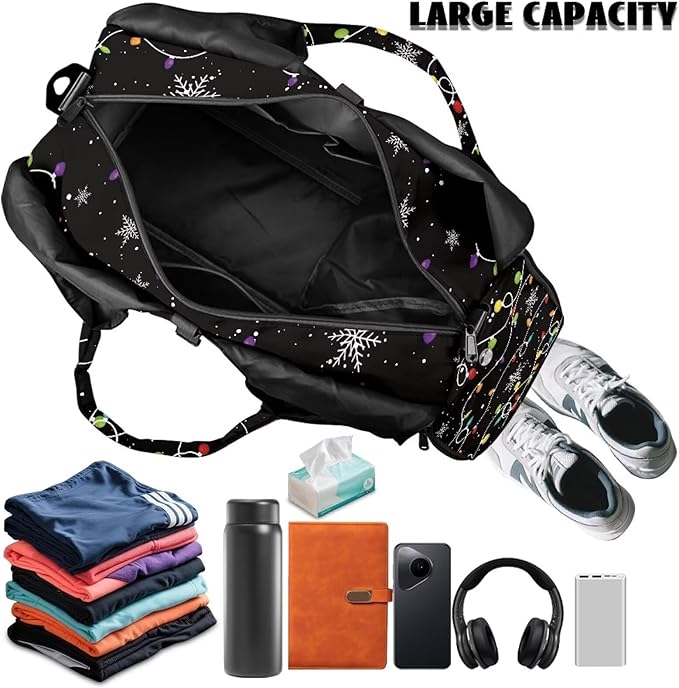 Christmas Lights Snowflake Women's Fashion Gym Bag with Shoe Compartment Travel Duffel Bags for Beach Swim Personal Item Bags Men Women Overnight Weekender Christmas Bag