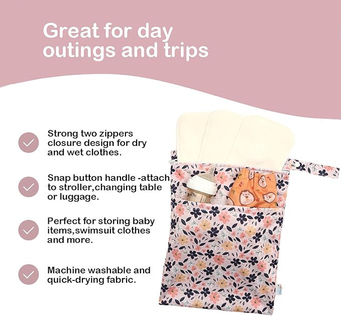 Wet Dry Bag Reusable Waterproof Swimming Bag Travel Beach Pool Yoga Gym Bag for Baby Cloth Diaper Swimsuits Wet Clothes Two Zipper Pockets 3 Pack Pink Brown Pink Floral 3L05