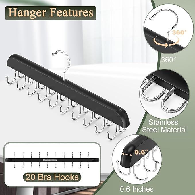 2 Pack Bra Hangers for Closet Organizer, Round Rectangle Bra Organizer with 40 Stainless Steel Hooks, Wooden Tank Top Hanger, Closet Organizers and Storage for Bras Camis Belts Ties, Black Hanger