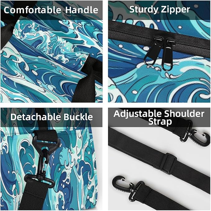 Blue Ocean Wave Pattern Sports Duffel Bags, Water-Resistant Gym Duffle Bag for Men Women, Lightweight Weekender Overnight Bag for Fitness, Workout, Travel