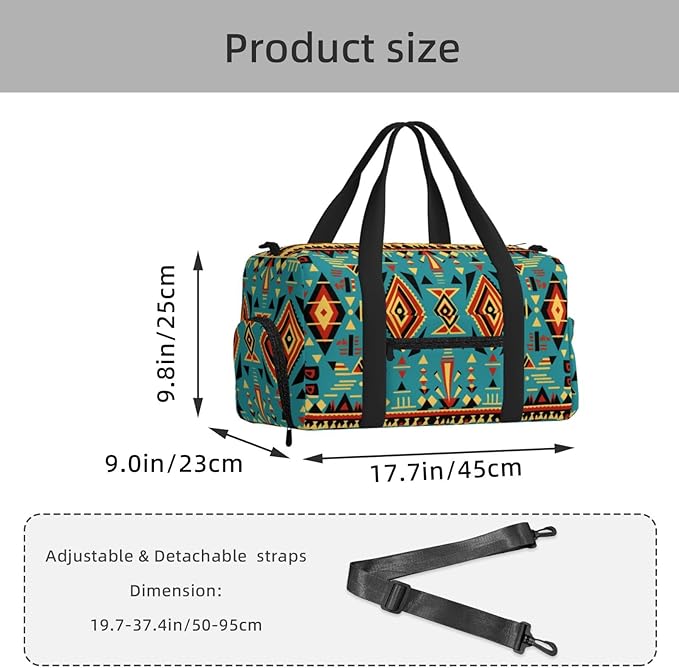 Sports Gym Bag Aztec Print Ethnic Geometrical Pattern Travel Duffel Bag With Shoe Compartment Shoulder Strap, Lightweight Water-Resistant Weekend Overnight Totes For Women Men