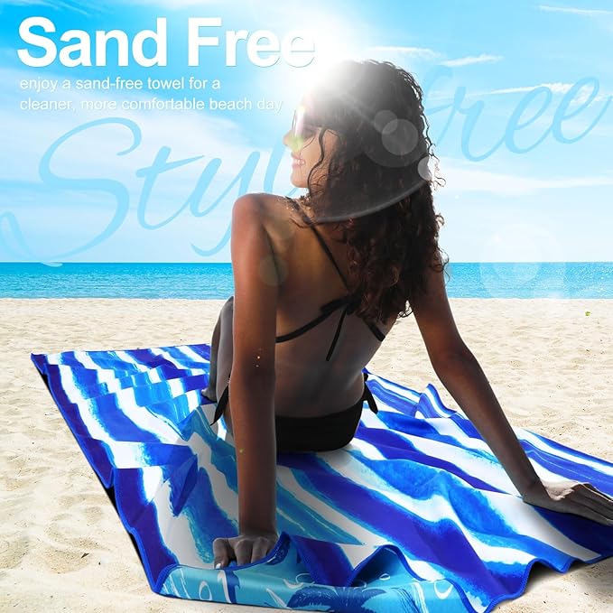 2 Packs Lightweight Thin Microfiber Beach Towel Oversized Quick Dry Compact Sandproof Clearance Towels Sand Free Camping Swimming Easy Pack Travel Accessories Essentials Women Adults Striped Vortex