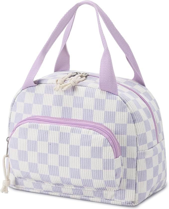 Lunch Bag Women Lunch Box for Women Adult Cute Insulated Lunch Bag Small Cooler Lunch Tote Bags for Work Picnic School (Beige-Purple Plaid)