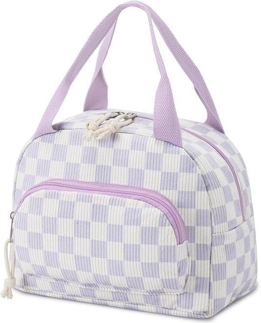Lunch Bag Women Lunch Box for Women Adult Cute Insulated Lunch Bag Small Cooler Lunch Tote Bags for Work Picnic School (Beige-Purple Plaid)