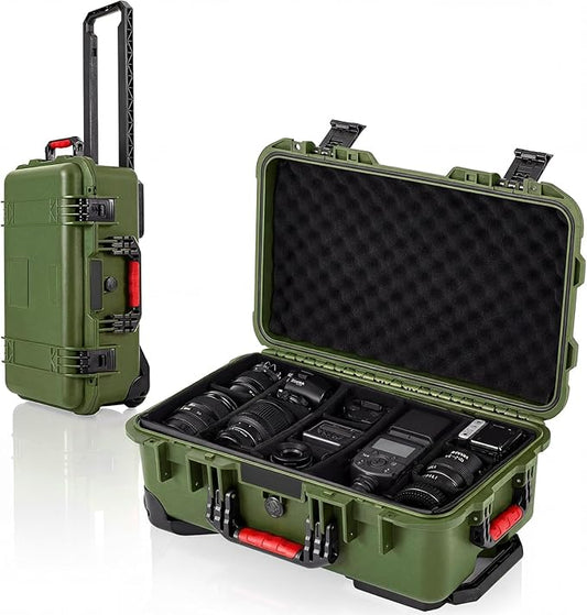 Waterproof Rolling Camera Hard Case 22x14x9 Inch, Impact-resistant Travel Case with Padded Dividers & Wheels for Cameras, Lenses & Accessories(Military Green)