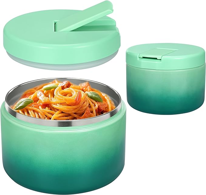 12oz Insulated Vacuum Food Jar with Buckle Lid Wide Mouth Soup Thermo for Hot Food Kids Leakproof Stainless Steel Lunch Container (Gradient Green, 12OZ)
