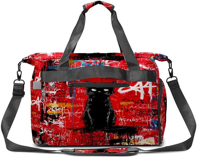 Artistic Black Cat Red Gym Bag for Women & Tennis Bag, Large Sports Duffel Bag Waterproof with Ventilated Shoe Compartment & Front Racket Sleeve, Lightweight Travel Weekender Overnight Bag