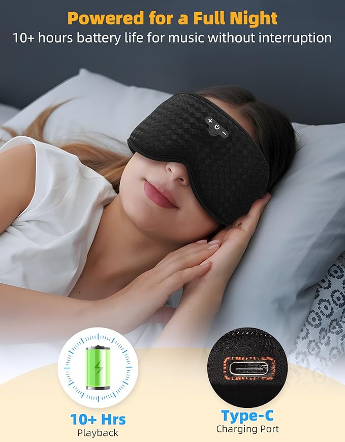 3D Contoured Sleep Mask with Bluetooth Headphones, Adjustable Blackout Sleeping Mask, Easy Installation Sleeping Headphones with Ultra-Thin Stereo Speakers for Men, Women - Gray