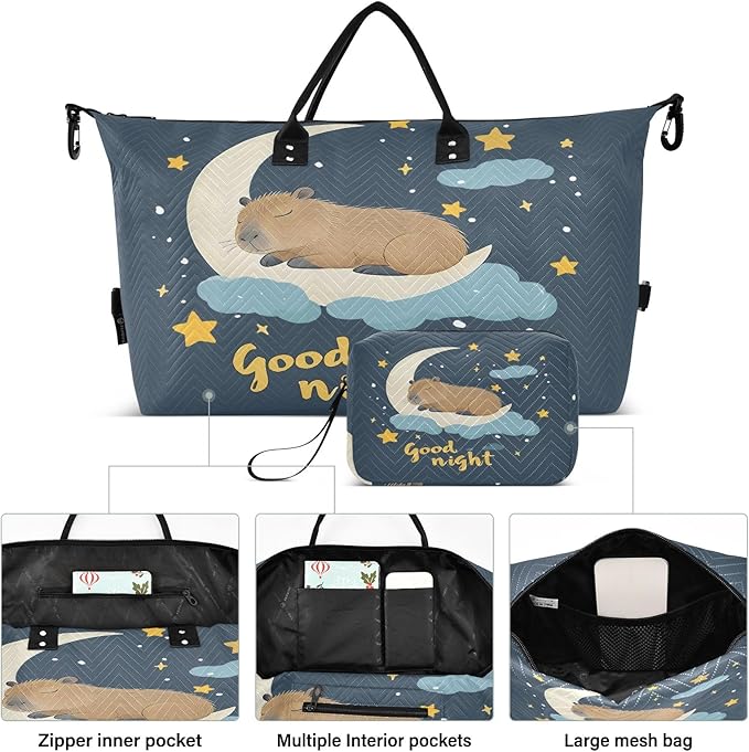 Travel Duffle Bag, Good Night Moon Capybara Gym Bag with Storage Bag Weekender Overnight Bag for Men Women Trip Sports Yoga