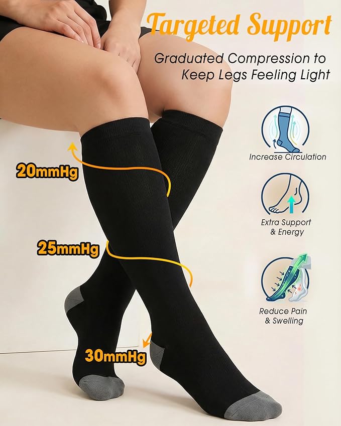 CTHH Cotton Compression Socks for Women Men 20-30mmHg Knee High Support Socks Circulation for Running, Travel, Nurses, Pregnancy (2 Pairs)