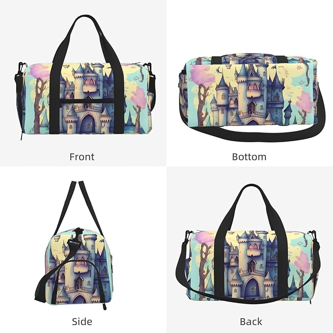 Fairytale Castle Print Gym Bag with Shoe Compartment for Women Men, 17.7in Sports Duffle Weekender Tote, Overnight Travel Duffel Bag Carry On