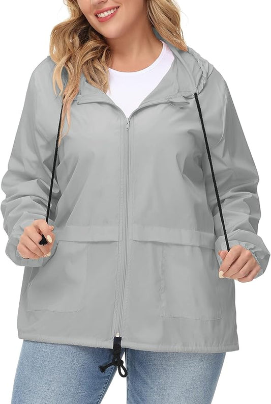 Avoogue Plus Size Raincoat Women Waterproof Rain Jacket Packable Outdoor Hooded Windbreaker
