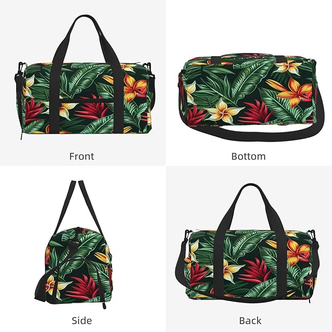 Sports Gym Bag Tropical Leaves Flowers Travel Duffel Bag With Shoe Compartment Shoulder Strap, Lightweight Water-Resistant Weekend Overnight Totes For Women Men