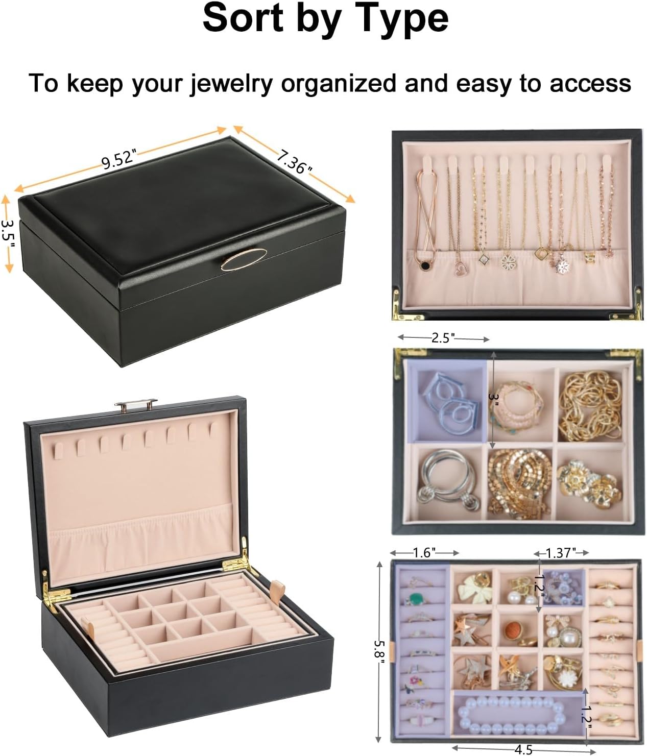 Small Jewelry Organizer for Women, 2-Layer Travel Jewelry Box with Portable Case, Necklace Ring Storage for Dresser, Girls Teens Gifts (Black)