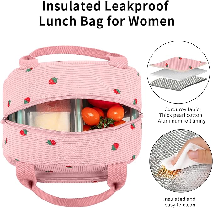 Lunch Bag Women Lunch Box for Women Adult Cute Insulated Lunch Bag Small Cooler Lunch Tote Bags for Work Picnic School (Pink-Strawberry)