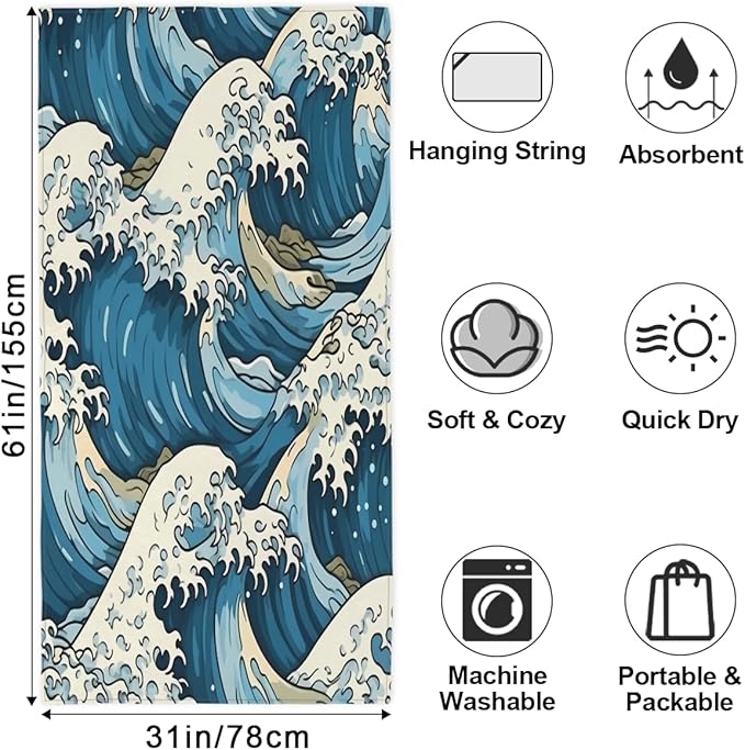 Rough Sea Waves Beach Towel, Large Microfiber Quick Dry Lightweight Pool Bath Towels Sand Free Beach Blanket for Summer Cruise Yoga Camping Travel Vacation Essentials 31 x 61 in