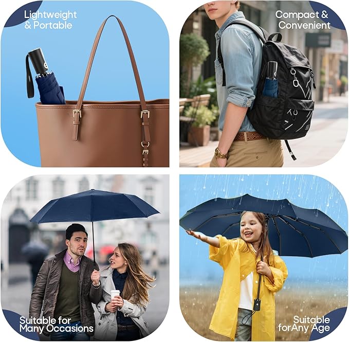 Travel Compact Umbrella, Folding Travel Umbrella for Rain and Shine Small, Windproof Automatic Open/Close, Portable Umbrellas